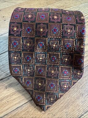 Robert Talbott Brown Tie with Blue and Gold Geometric Squares